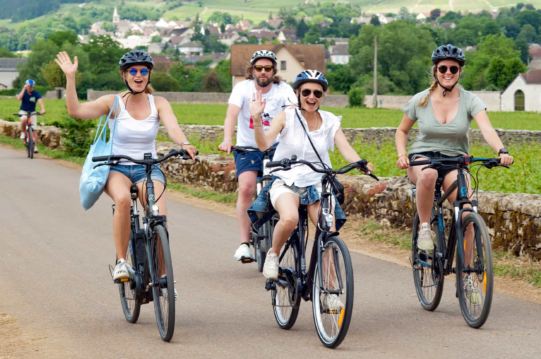 Group of smiling cyclists, Burgundy, France