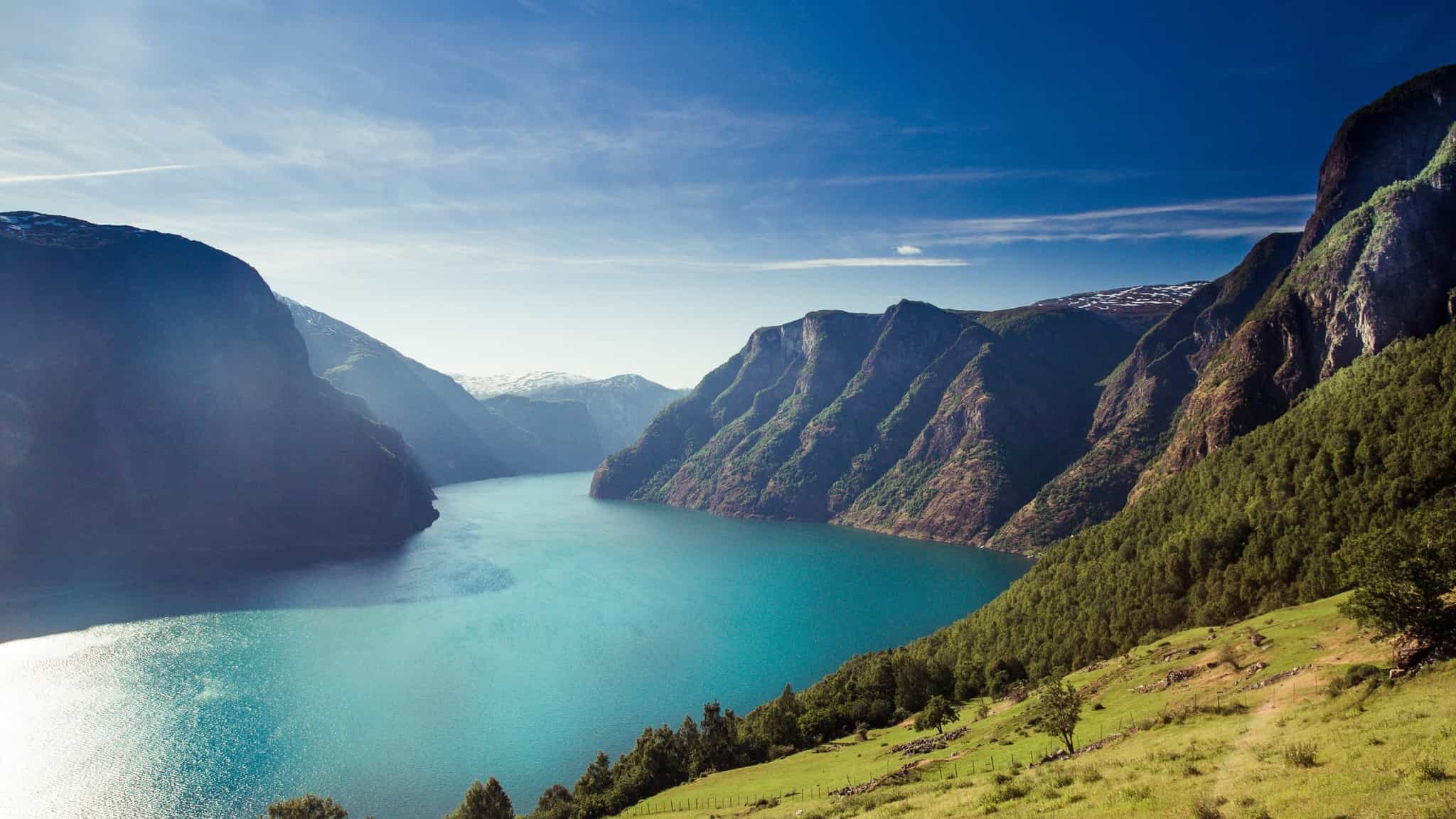 Sunny view of the Aurlandsfjorden in the Norwegian Fjords.