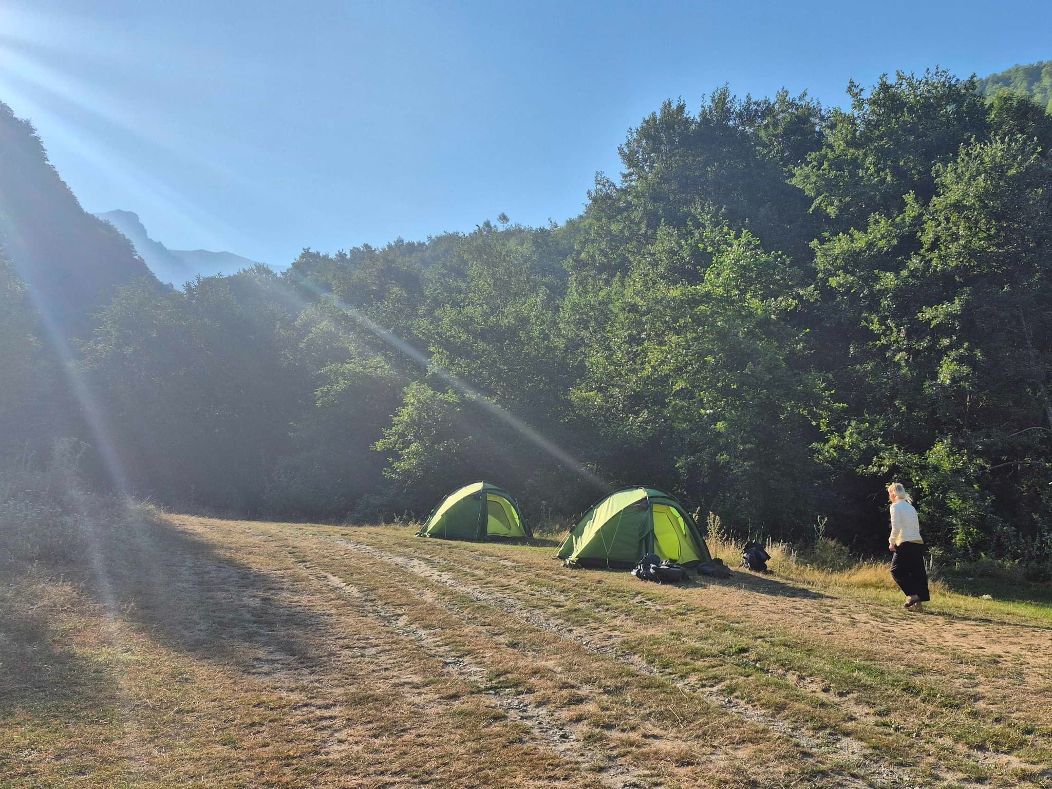 Tents in the morning sun in Kosovo's Sharr Mountains.