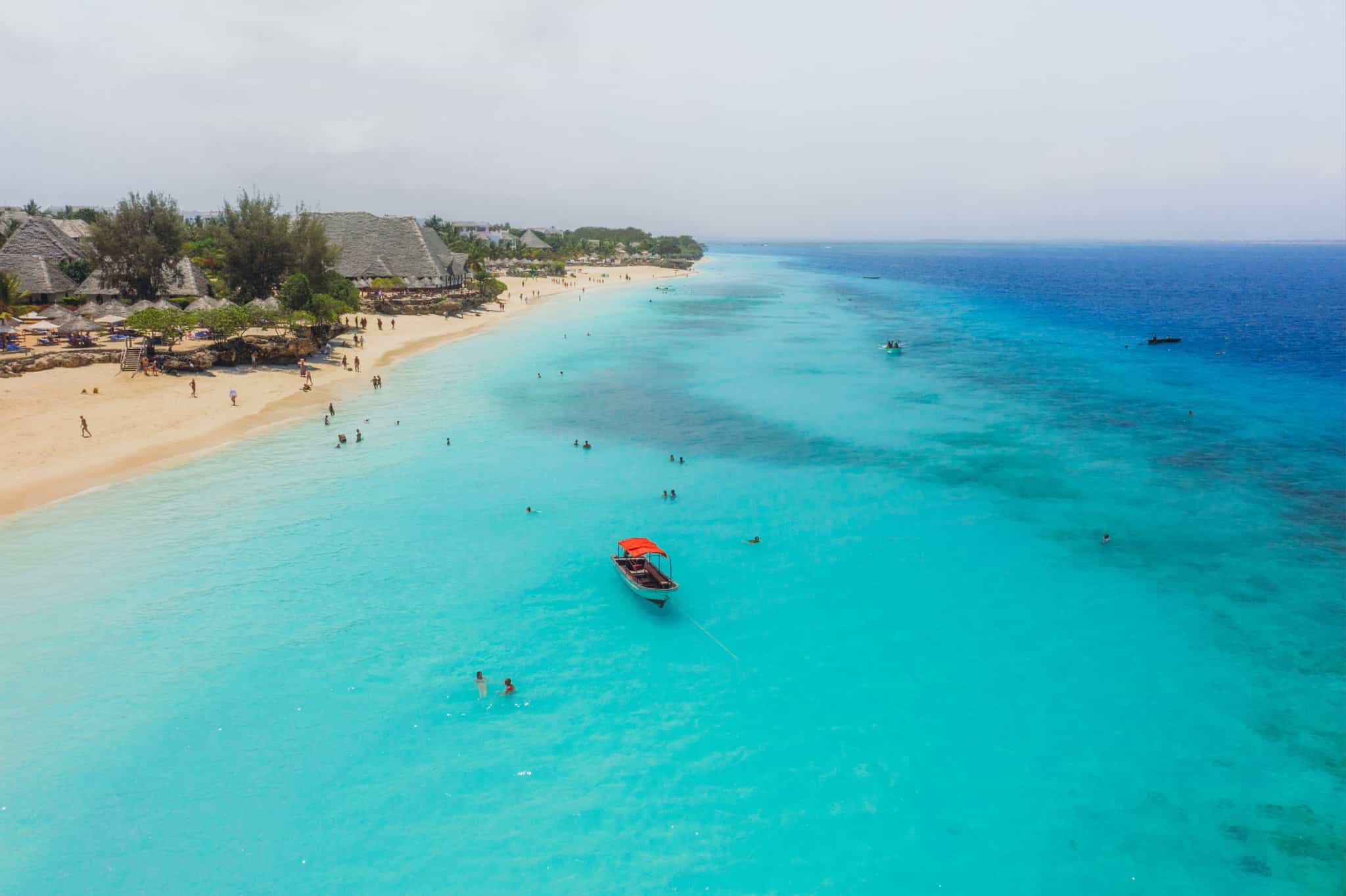 Aerial view of the beach and ocean in Zanzibar, Tanzania.