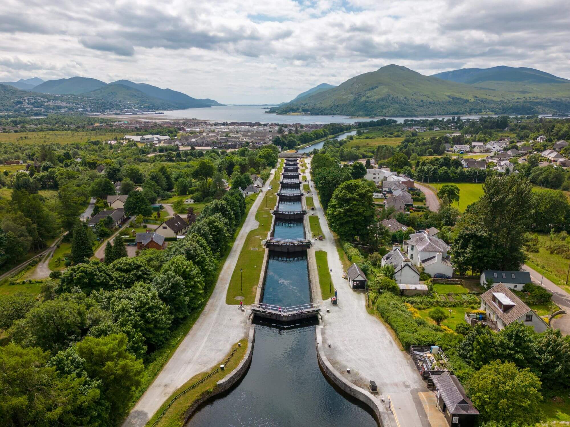 An aerial photograph of the Caledonian Canal in Scotland
