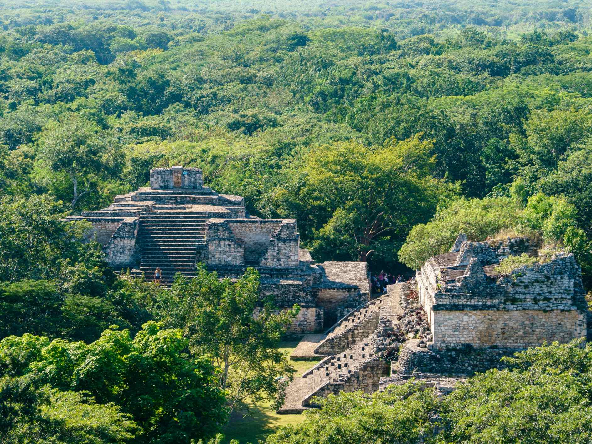 View of Ek Balam Mayan Ruins surrounded by dense jungle in Yucatan, Mexico. 