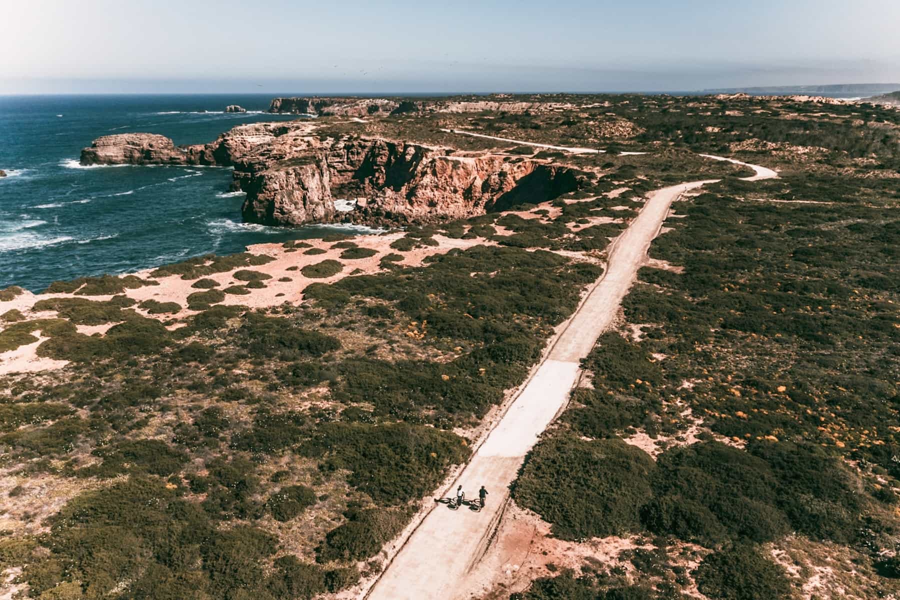 Aerial view of two cyclists on the Rota Vicentina, Portugal
