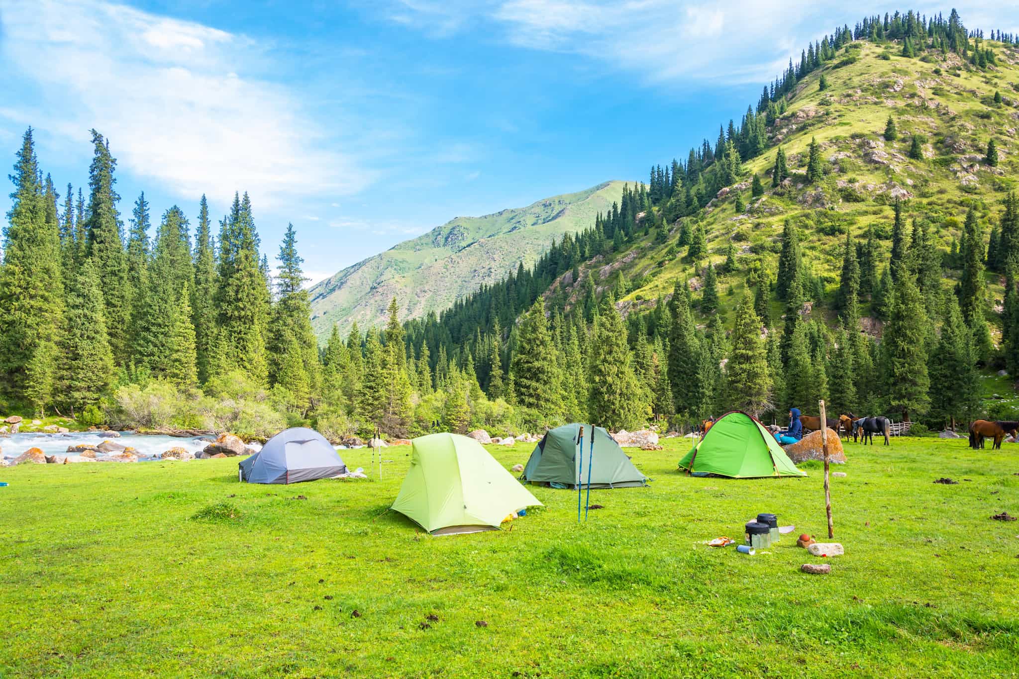 Wild camping by the river in Kyrgyzstan