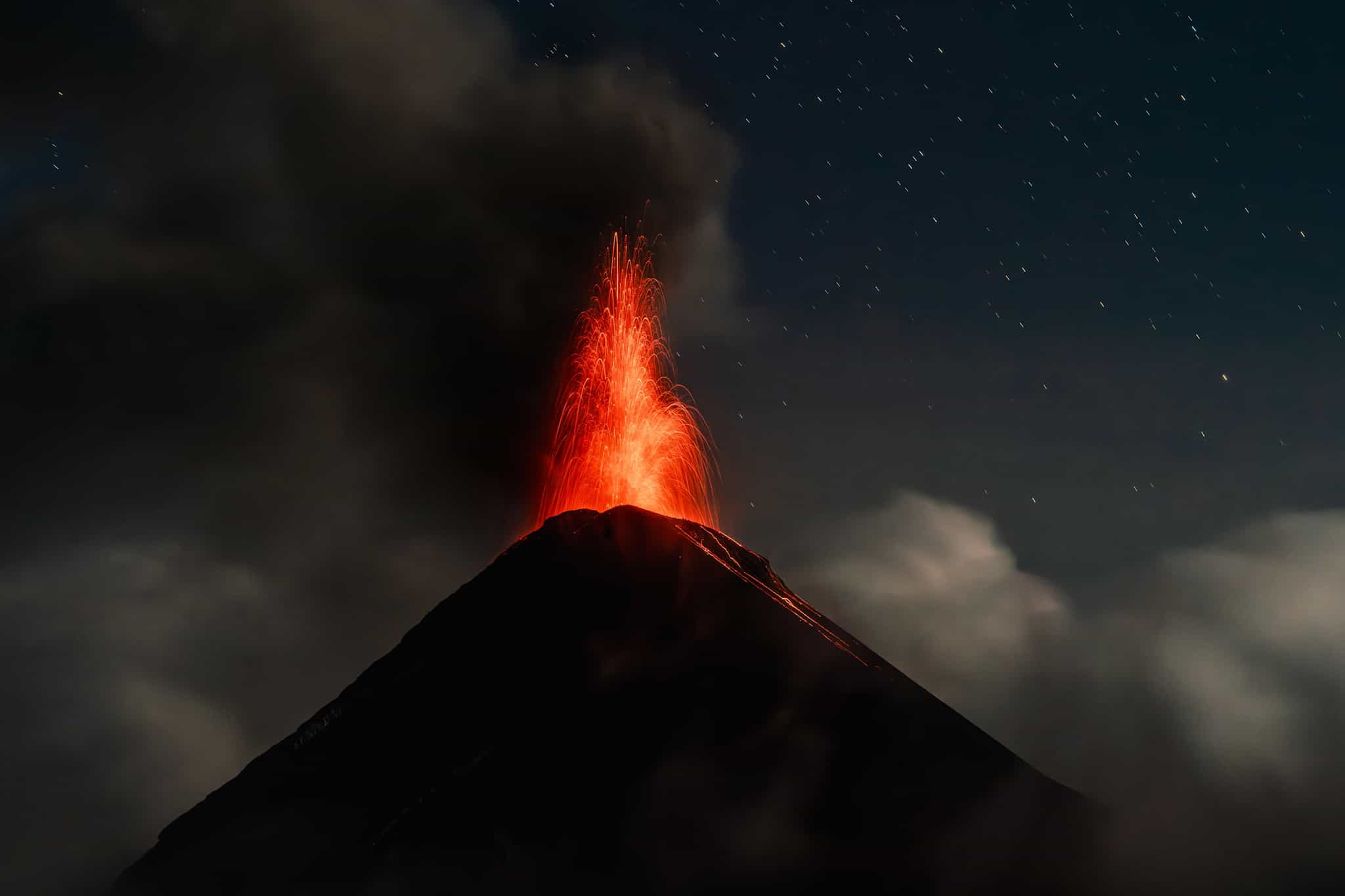 View of Fuego volcano eruption from Acatenango basecamp, Guatemala.