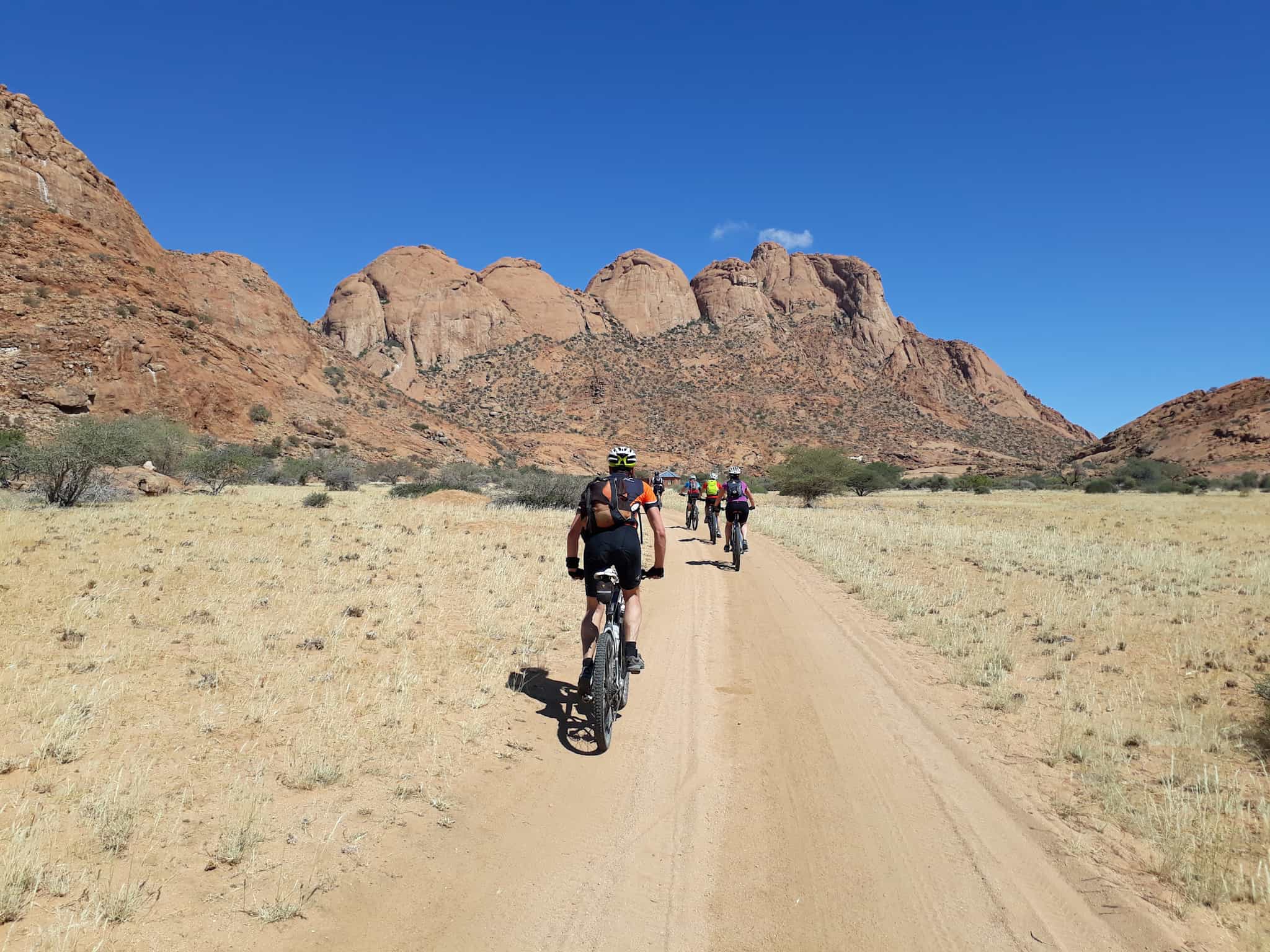Cycling along a desert road in Namibia