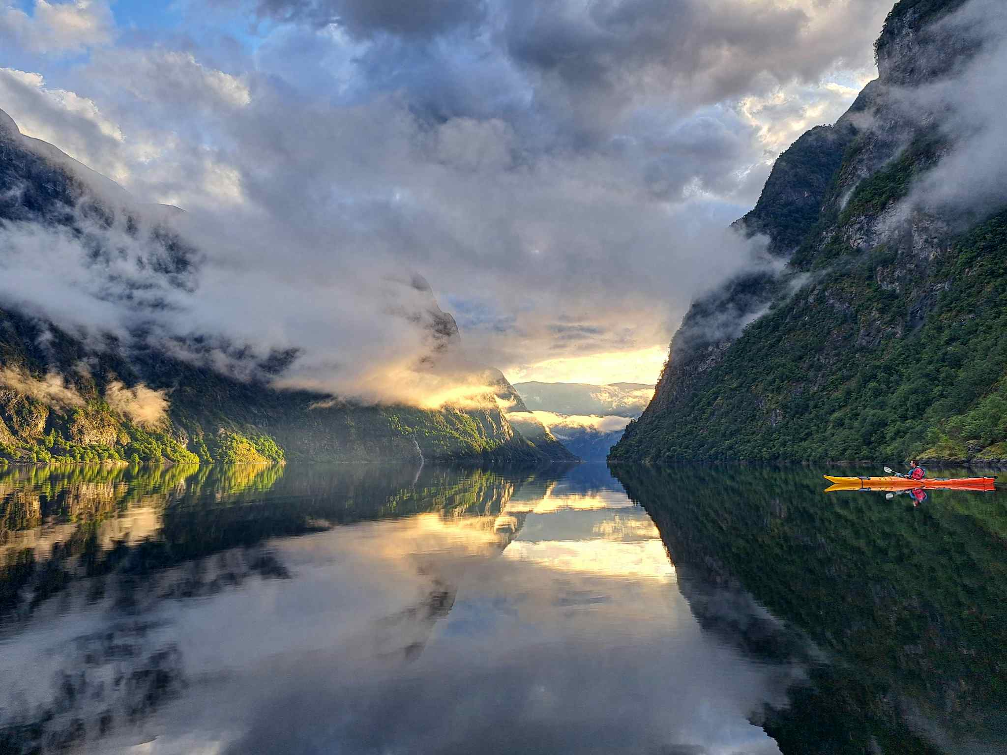 Amazing view from the waters of the Naeroyfjord in the Norwegian Fjords at dawn.