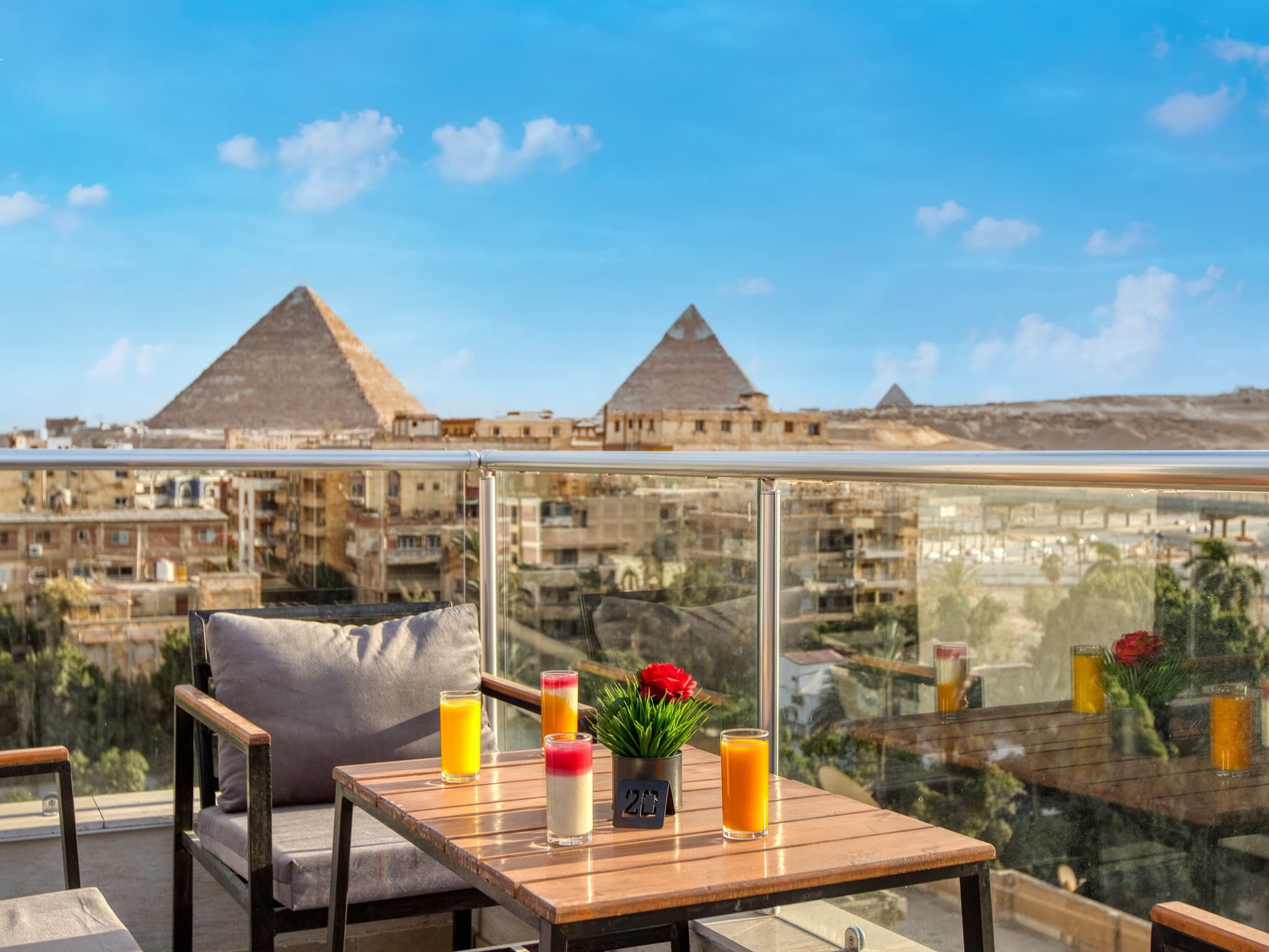Terrace overlooking the pyramids at Saray Hotel, Giza.