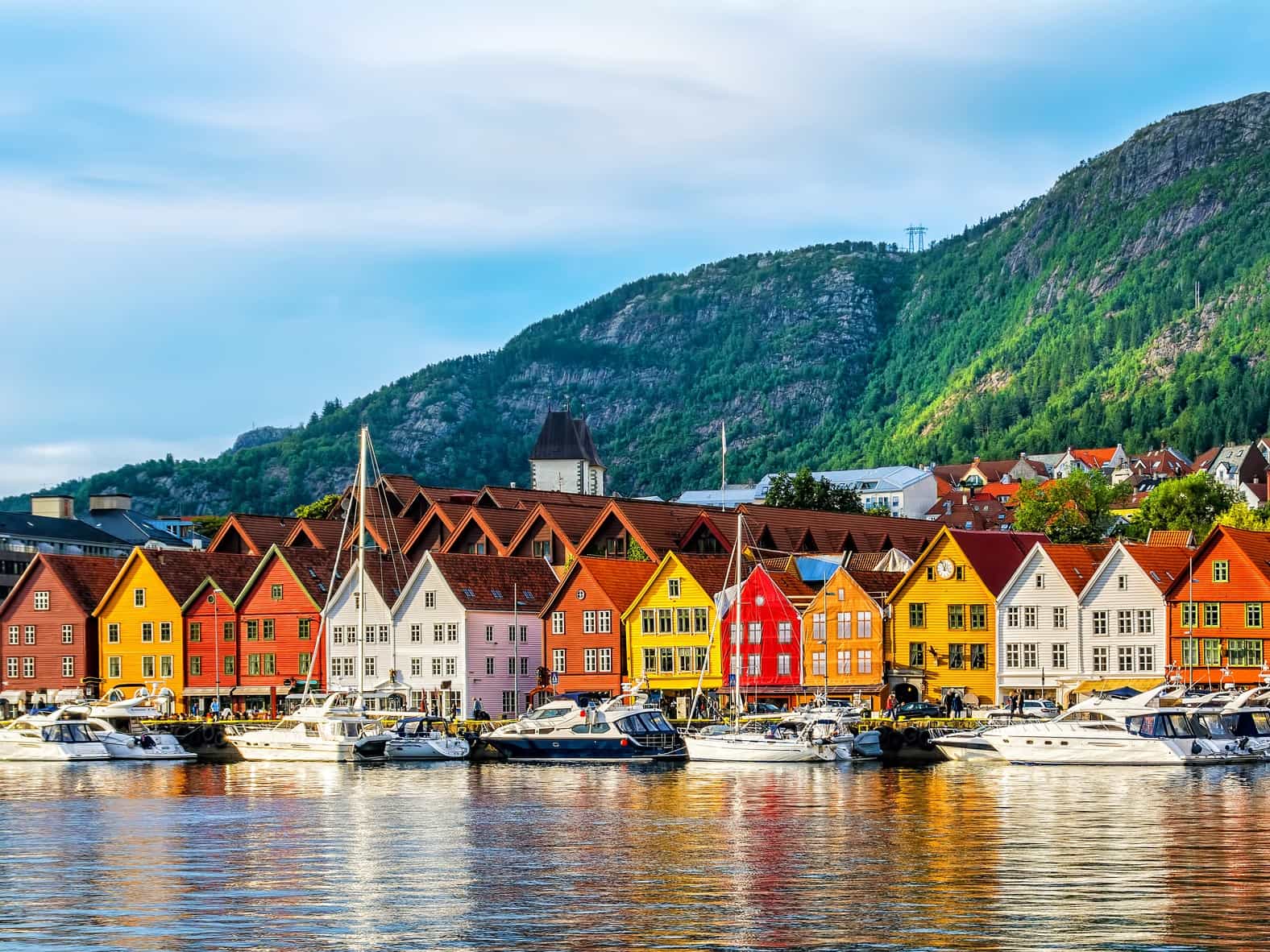 A view of quintessential houses on the edge of the water in Bergen, Norway.