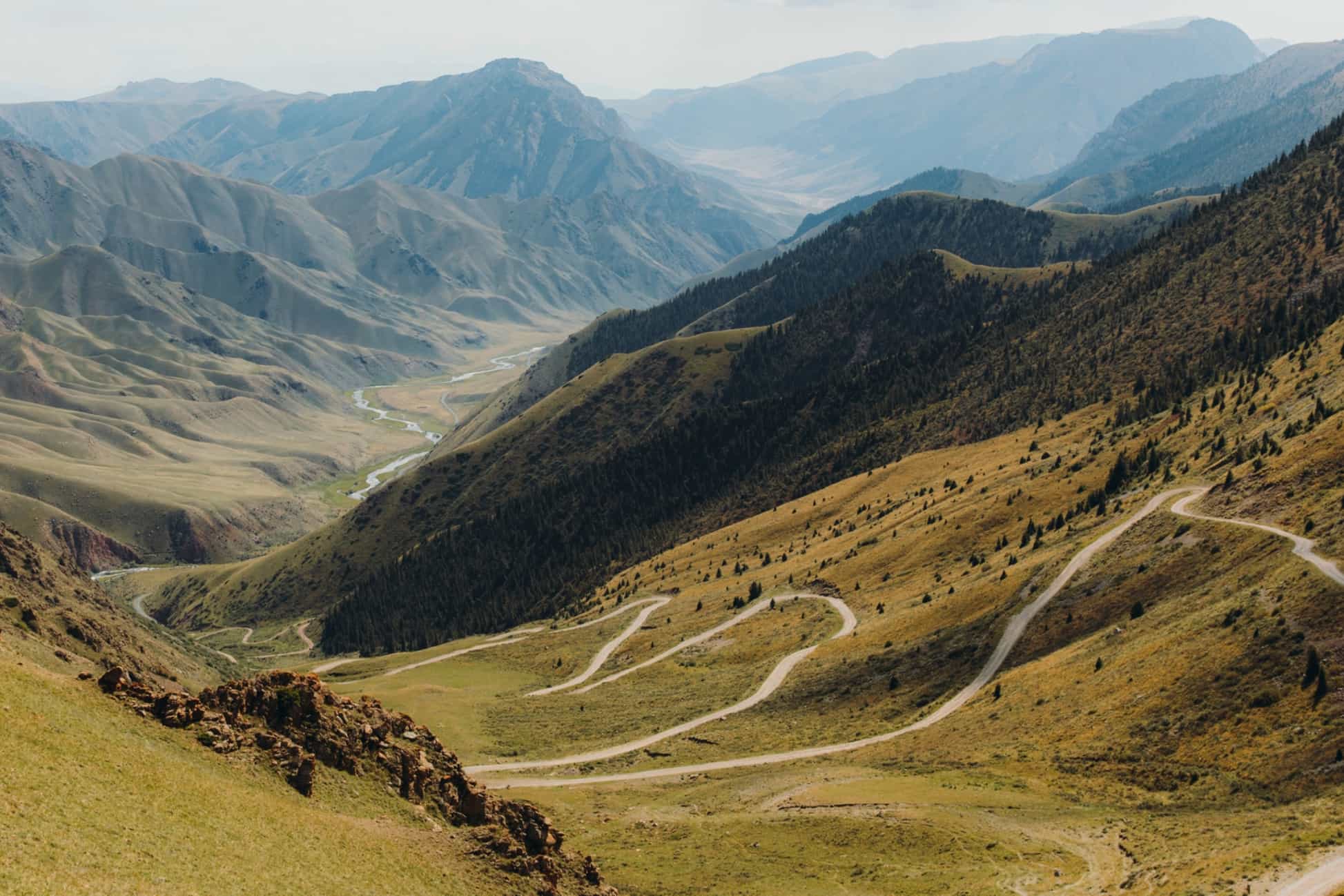 View of switchbacks on the 33 Parrots Pass, Kyrgyzstan
