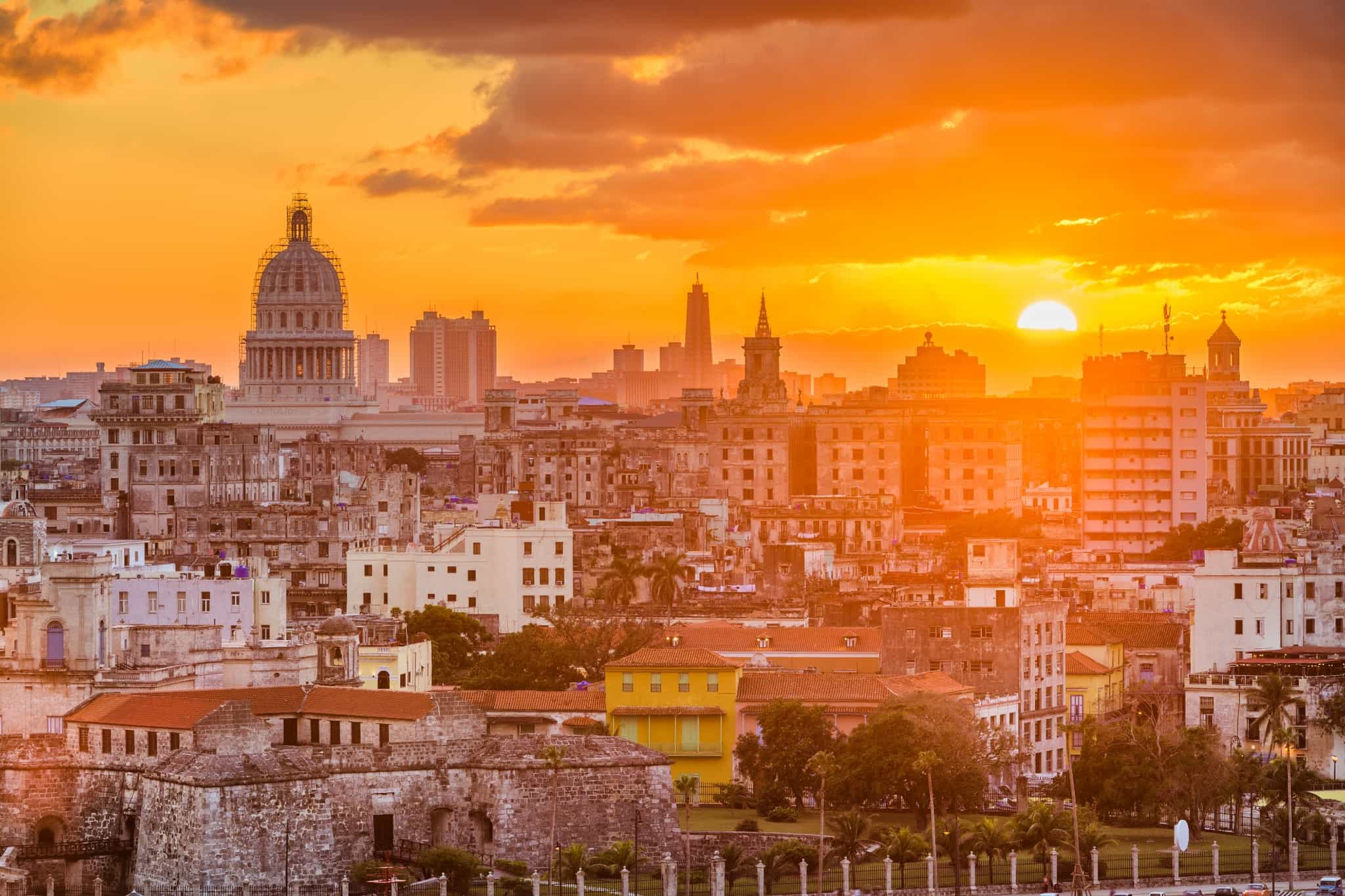 Downtown skyline of Havana in Cuba with the capitolio at sunset.