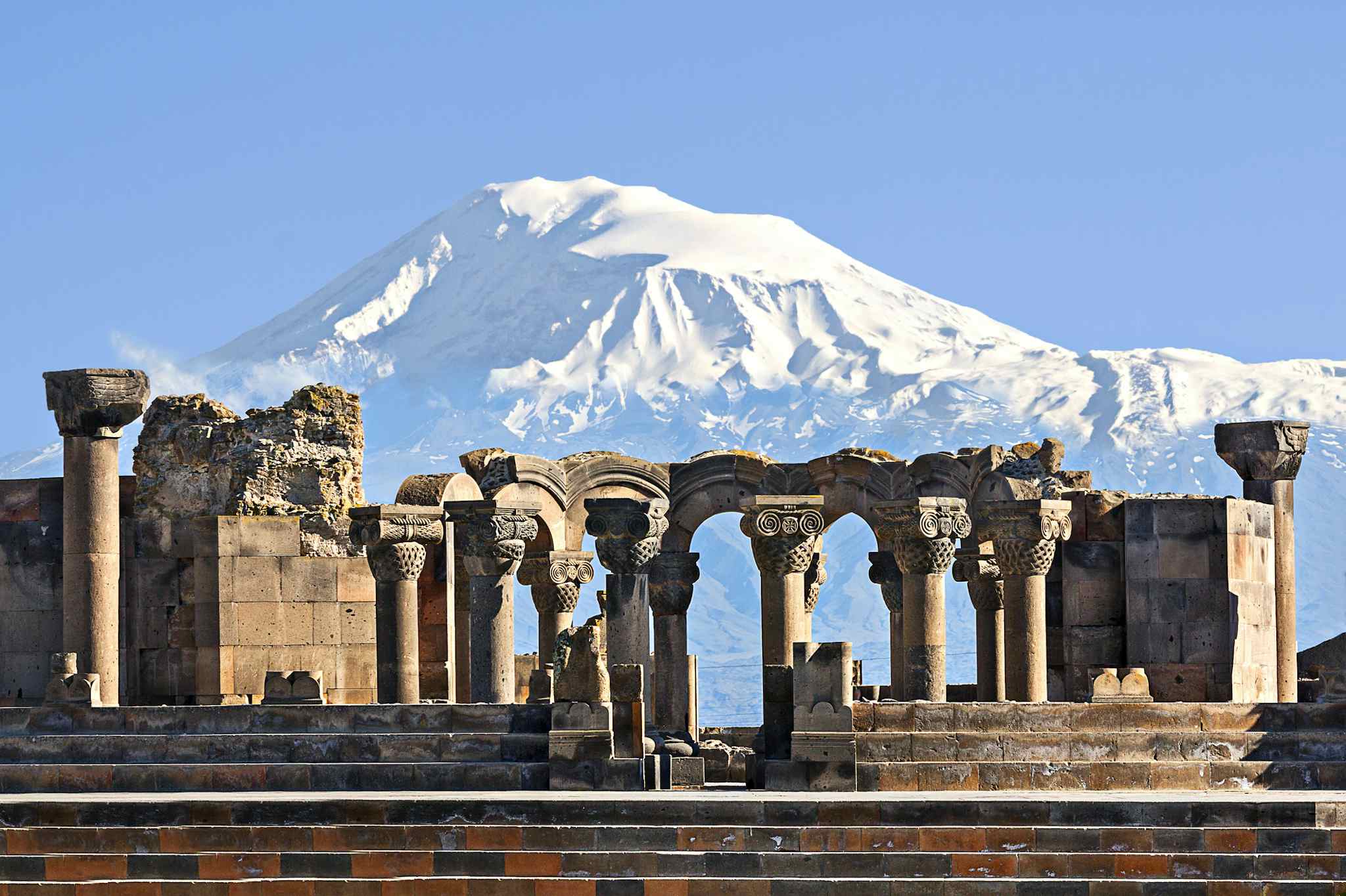 Remains of Zvartnots Temple and Mount Ararat, Armenia. Photo: Getty-889725394
