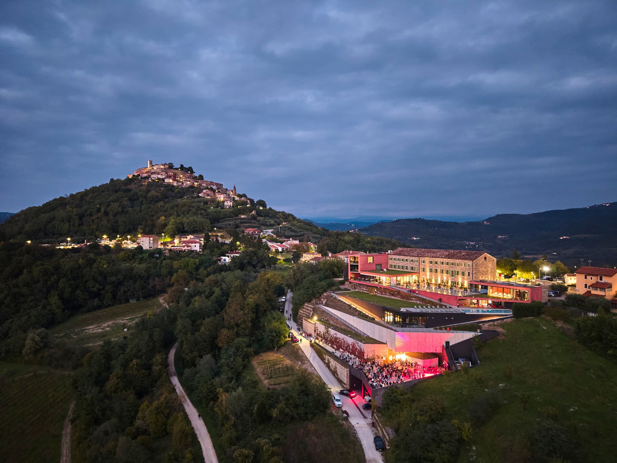 Aerial View of Roxanich Design Hotel below the hilltop town of Motovun