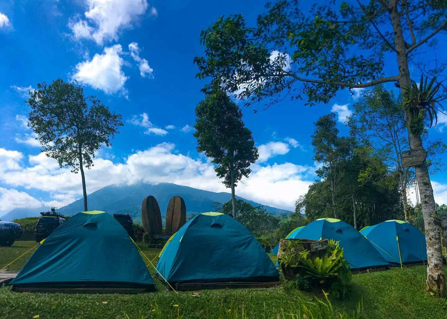 Tents with a mountain in the background, Bali