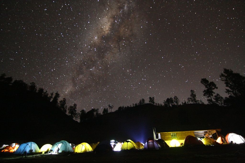 A starry sky above a campsite, seen while trekking on Mt. Rinjani, Indonesia