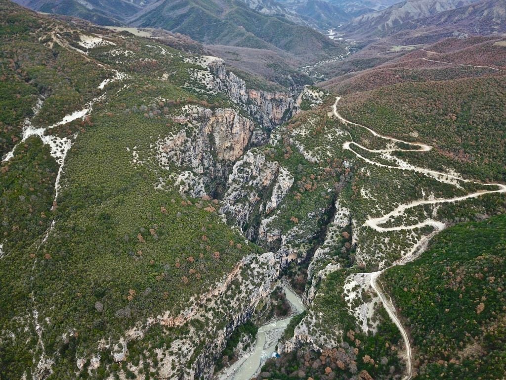 A drone shot of the plunging Langarica Canyon in Albania