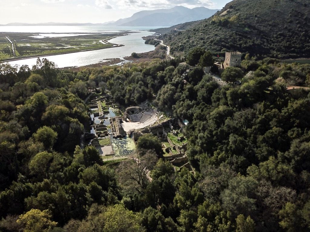 A drone shot of Butrint, a bronze age site in Albania