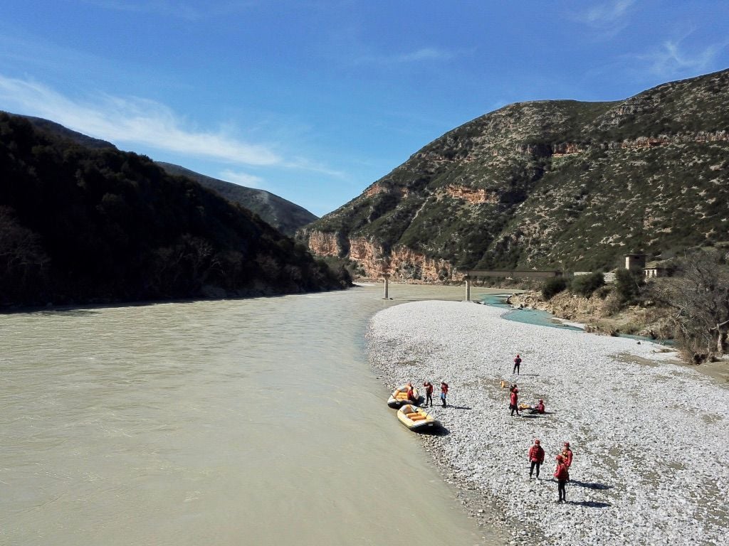 Vjosa river, Albania Rafts on the water of the Vjosa river in Albania