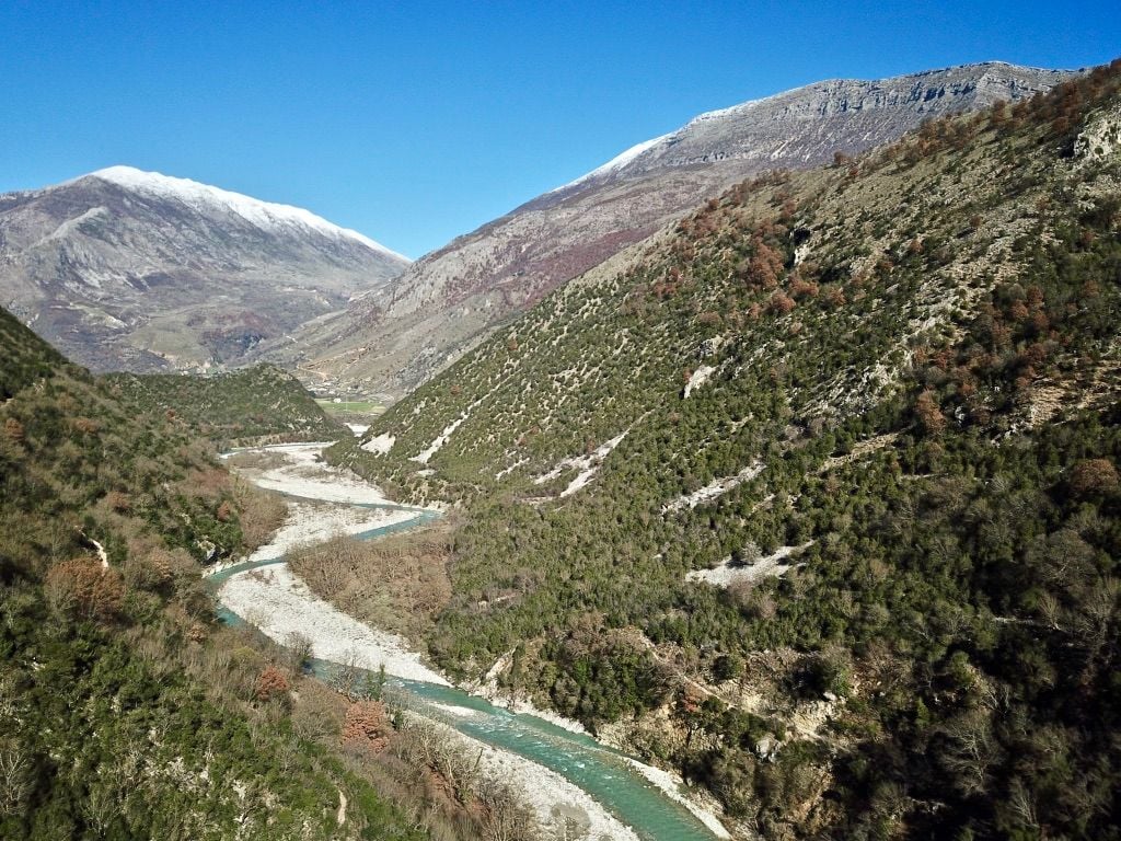 Vjosa river, Albania The Vjosa River winding through the hills of Albania.