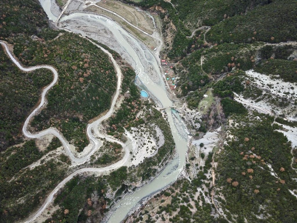An aerial shot of the beautiful Vjosa river in Albania.