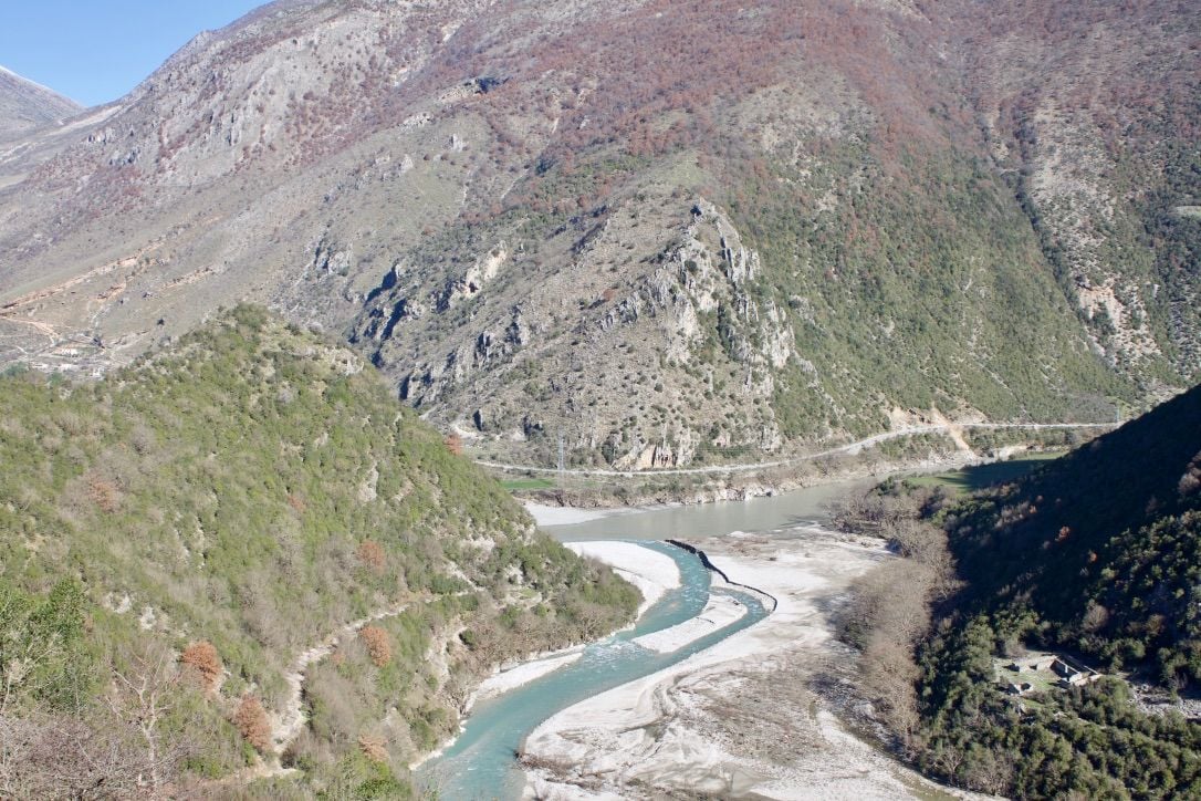 The Vjosa River in Albania, winding through the mountains.