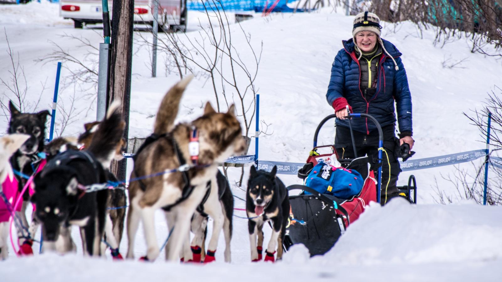 A woman musher with her dog sled team in Tromso, Norway.