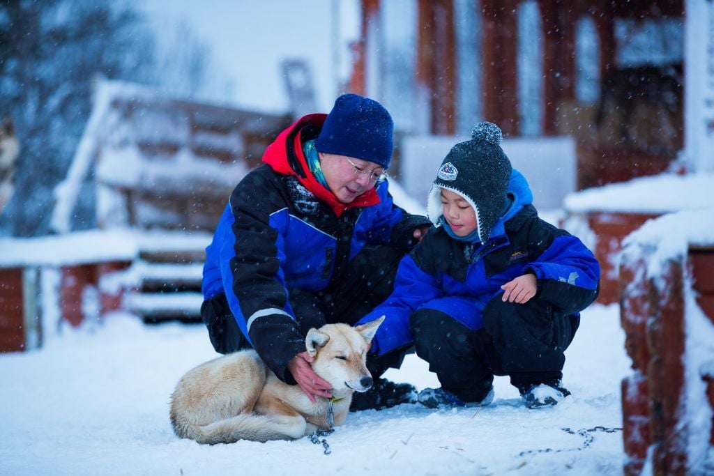 A man and a boy pet a husky in Tromso, Norway