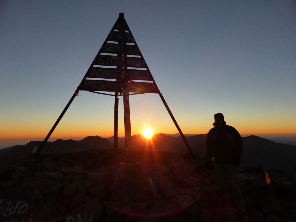 Sunset at the top of Mount Toubkal, in the Atlas Mountains.