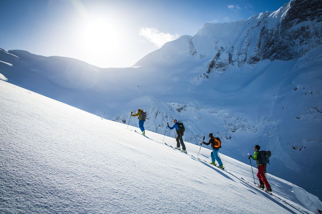 Four ski tourers climb up a snowy mountain on a sunny day.