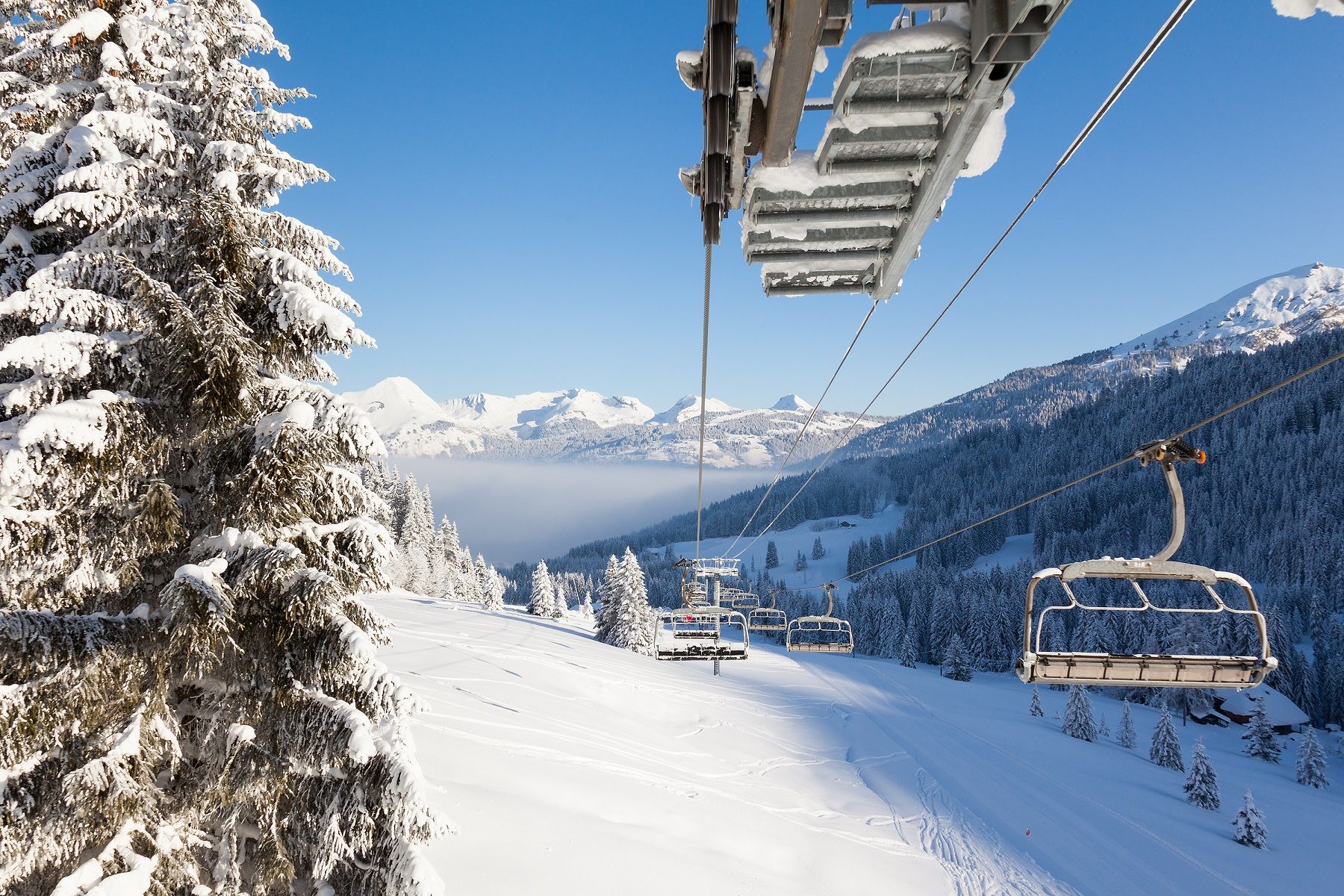 A ski lift climbing up a snowy mountain, with forests around, mountains in the distance and a fog rising.
