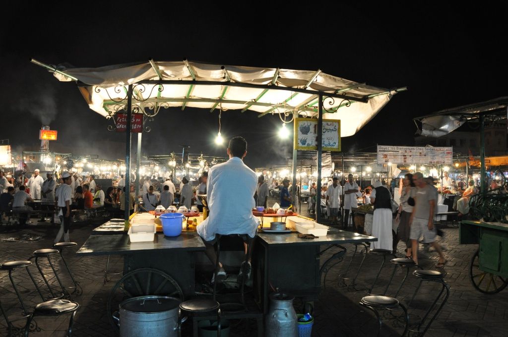 The Jamaa El Fna square at night in Marrakech, Morocco