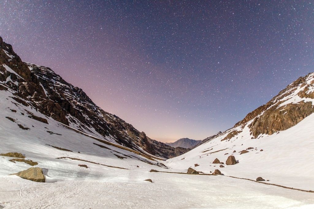 A starry night in the snowy Atlas Mountains, Morocco