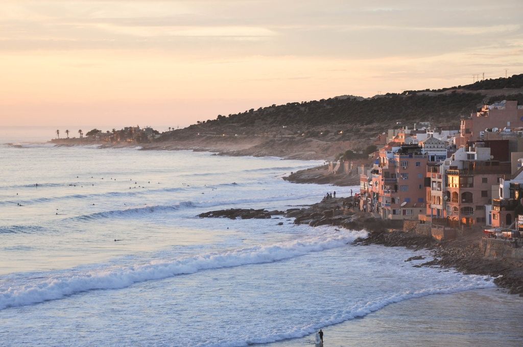 The beach town of Taghazout, Morocco