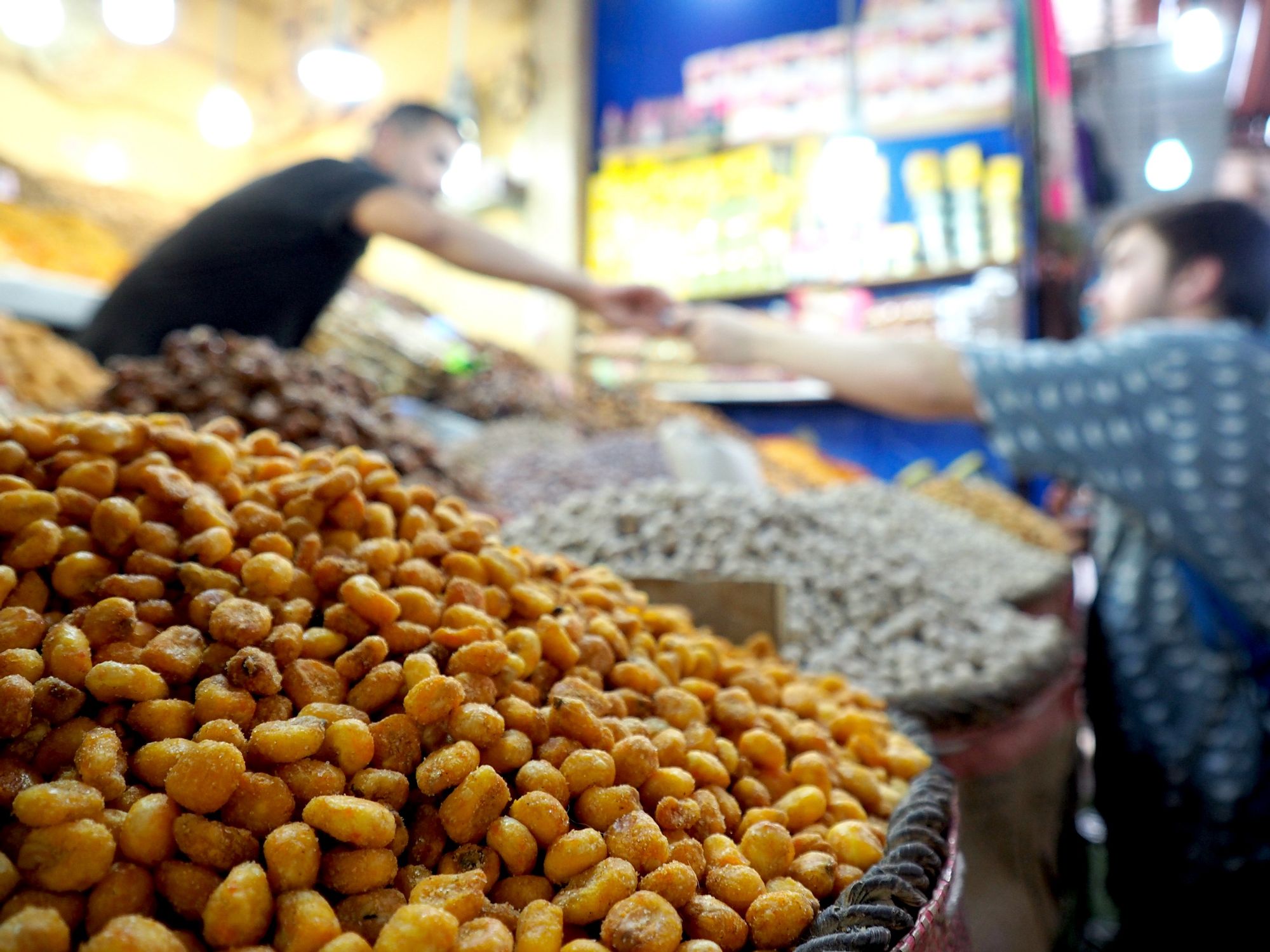 Close up of salted corn kernels in Marrakech's souk