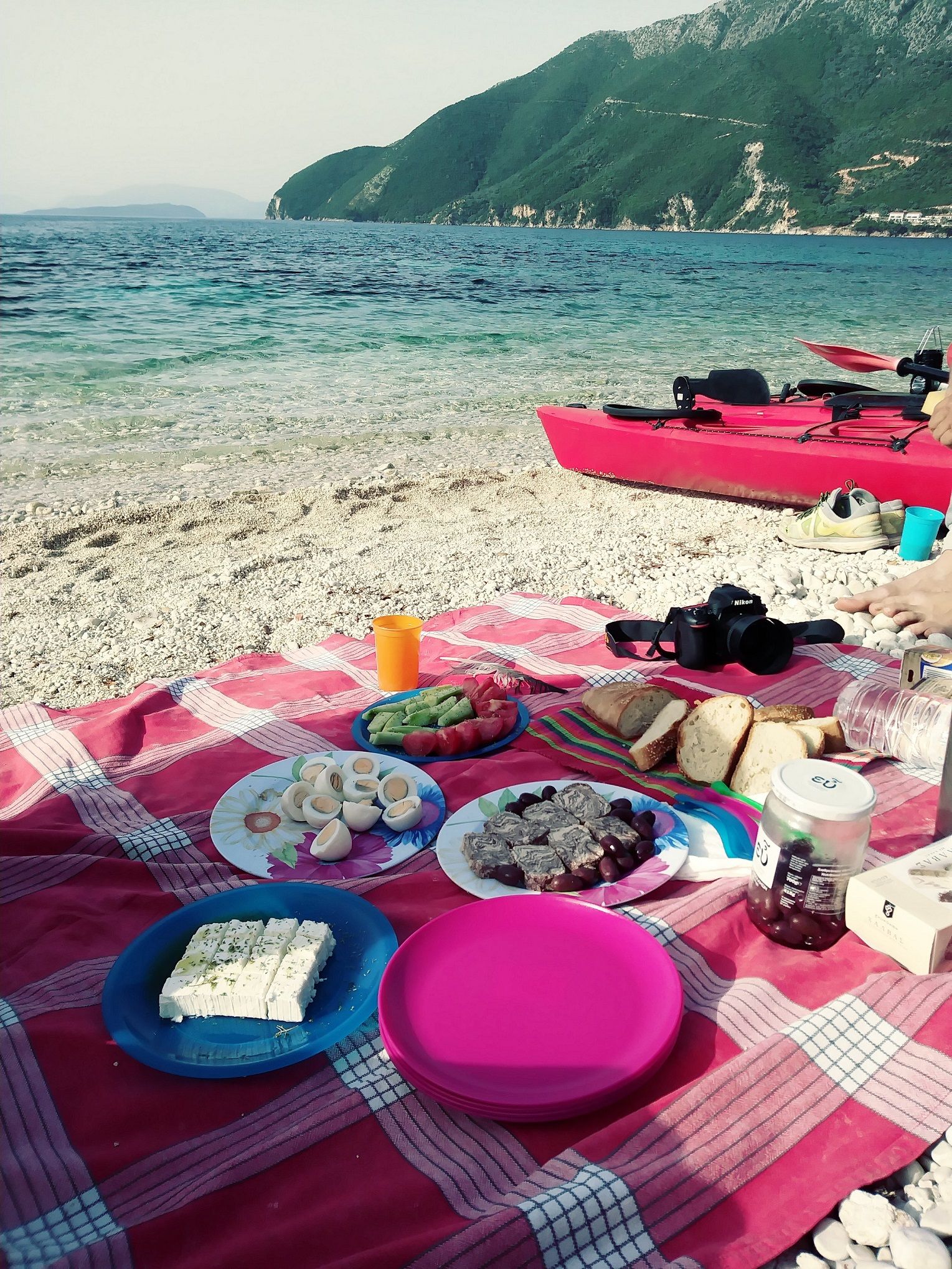 A Greek breakfast on a quiet beach.