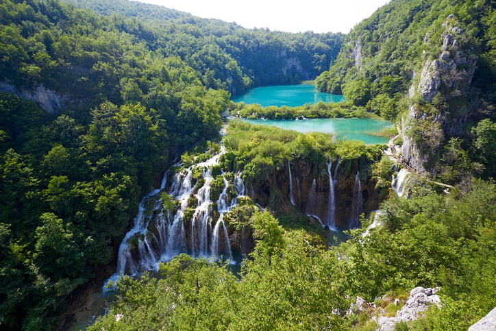 A breathtaking view of waterfalls in the Plitvice Lakes National Park, Croatia.