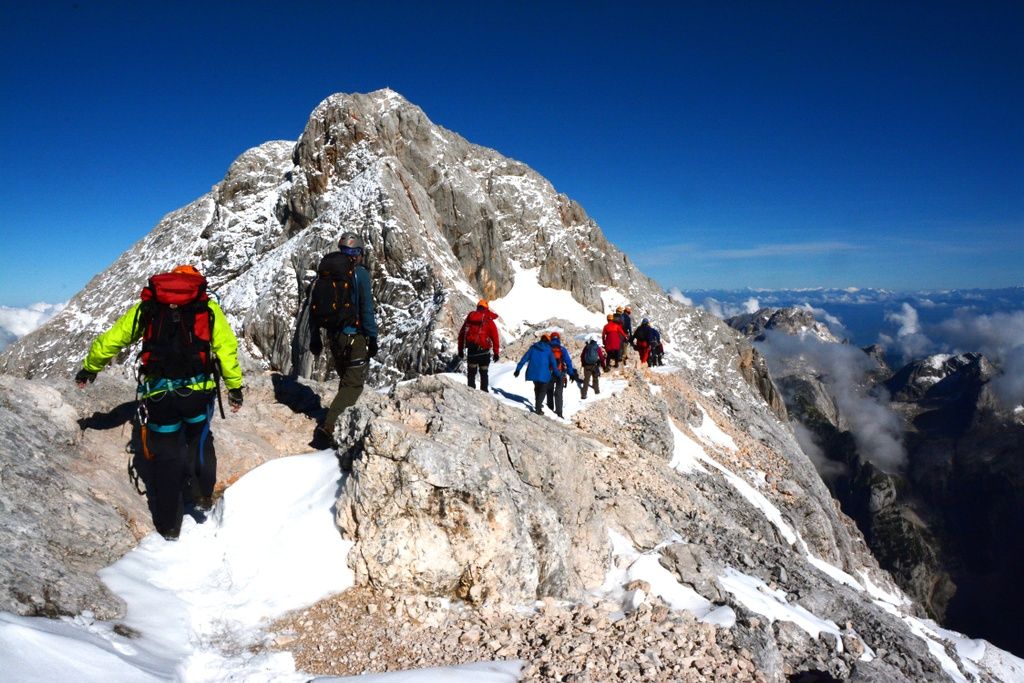 Hikers on Mount Triglav in Slovenia.