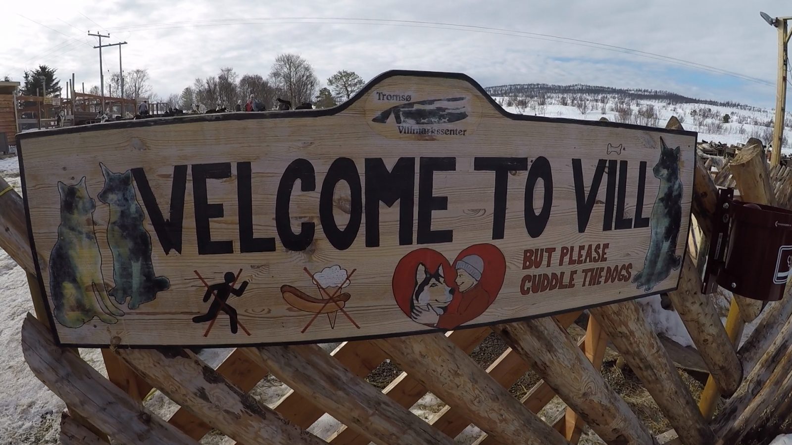 welcome-to-vill-dog-sledding-norway A 'welcome to Vill' sign, with pictures of sled dogs on it