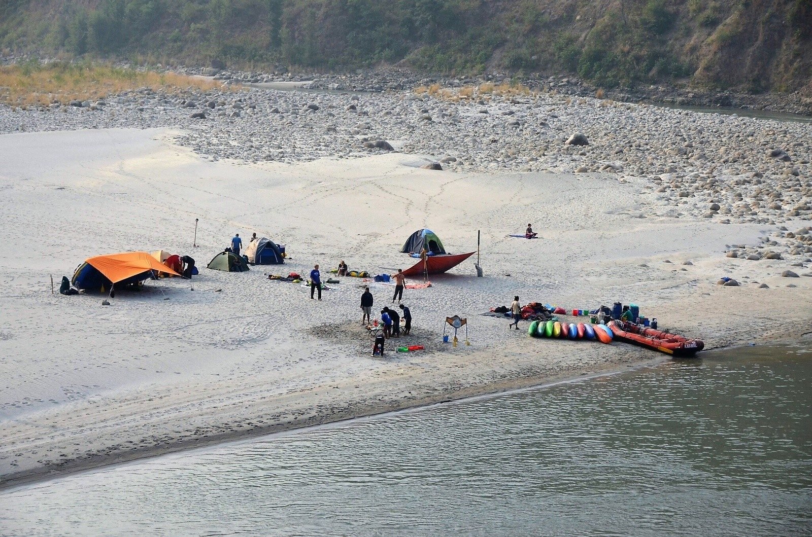 setting up camp on the sun kosi river