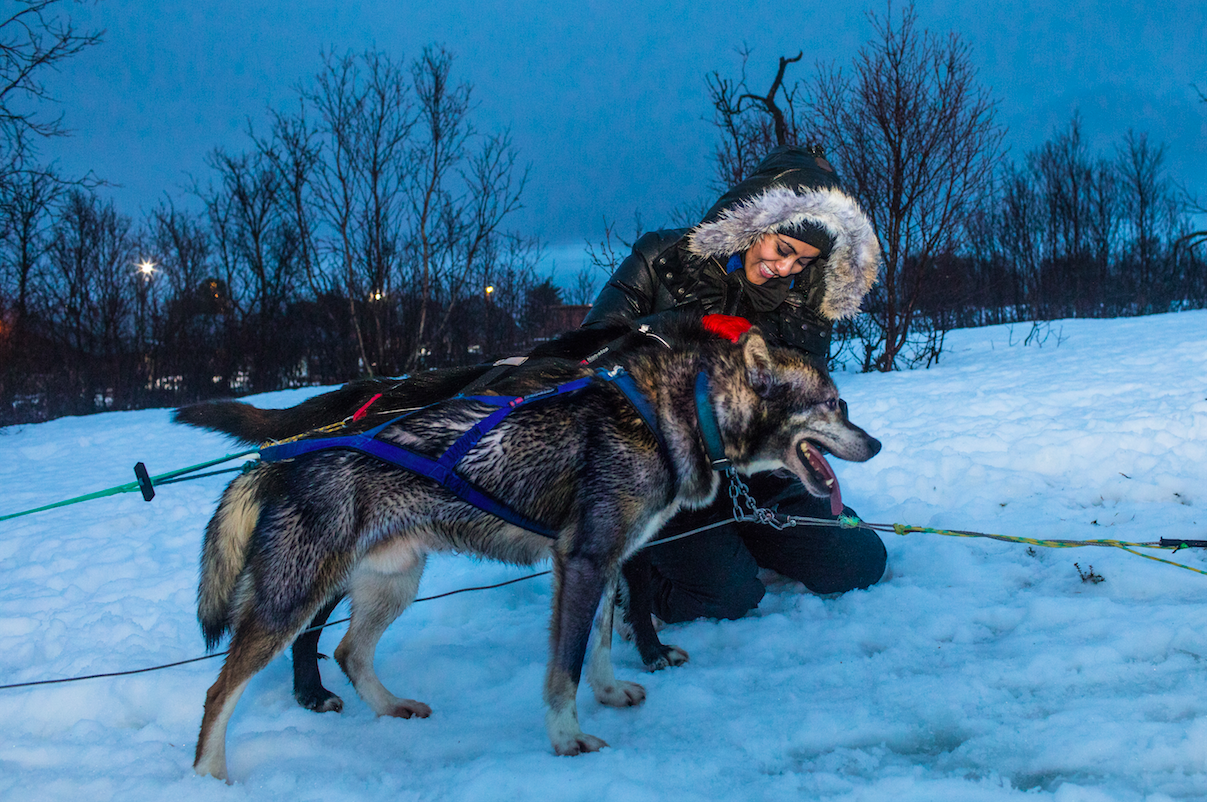 A woman pets a krithtika husky on a dog-sledding adventure in Tromso, Norway. 