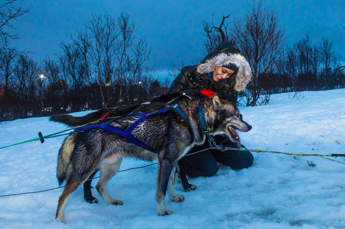 A woman pets a krithtika husky on a dog-sledding adventure in Tromso, Norway.