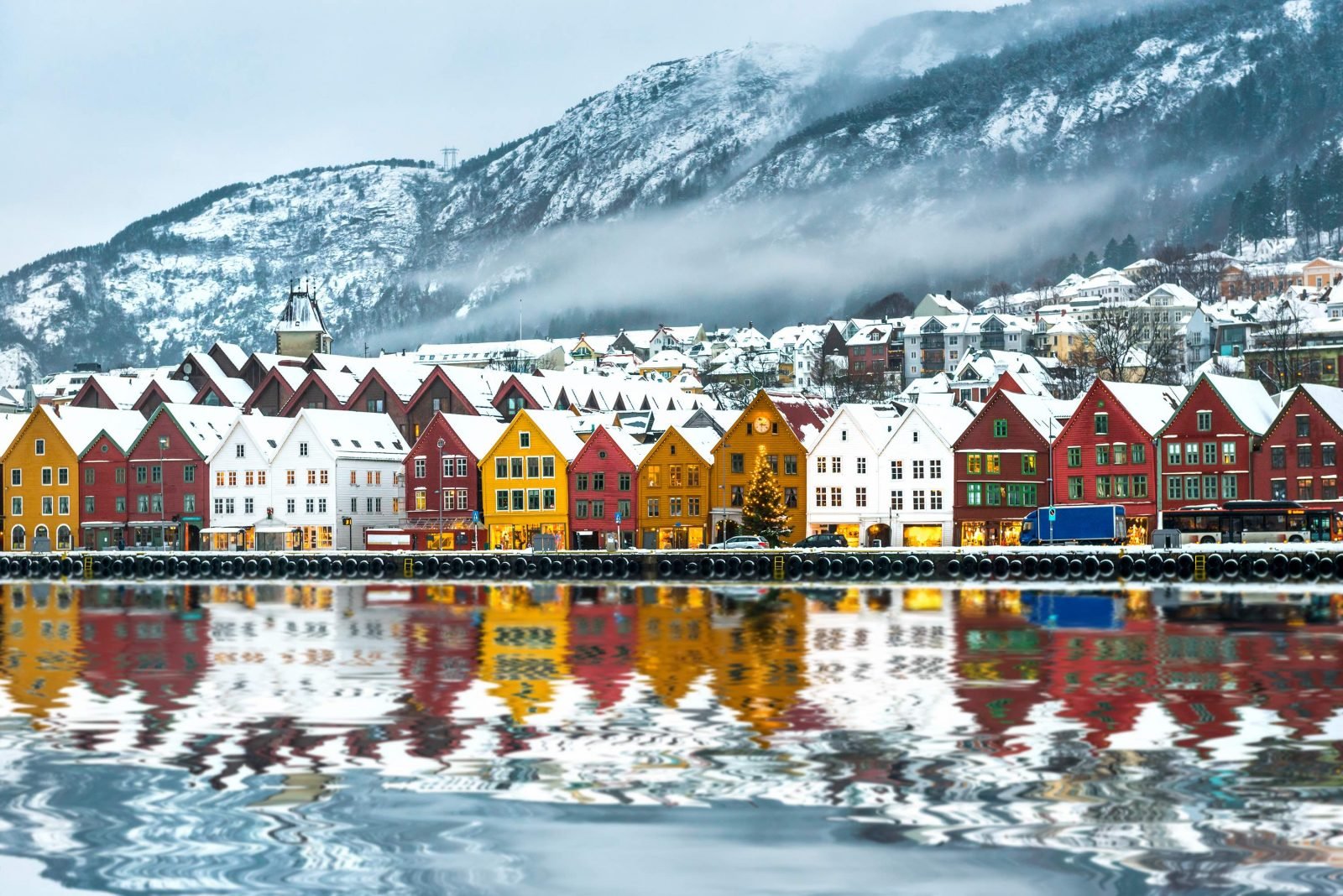 The waterfront of Bergen, with snowcapped mountains behind.