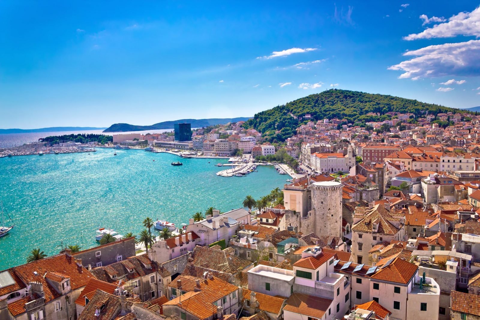 The historic city of Split, Croatia, hugging the Mediterranean Sea.