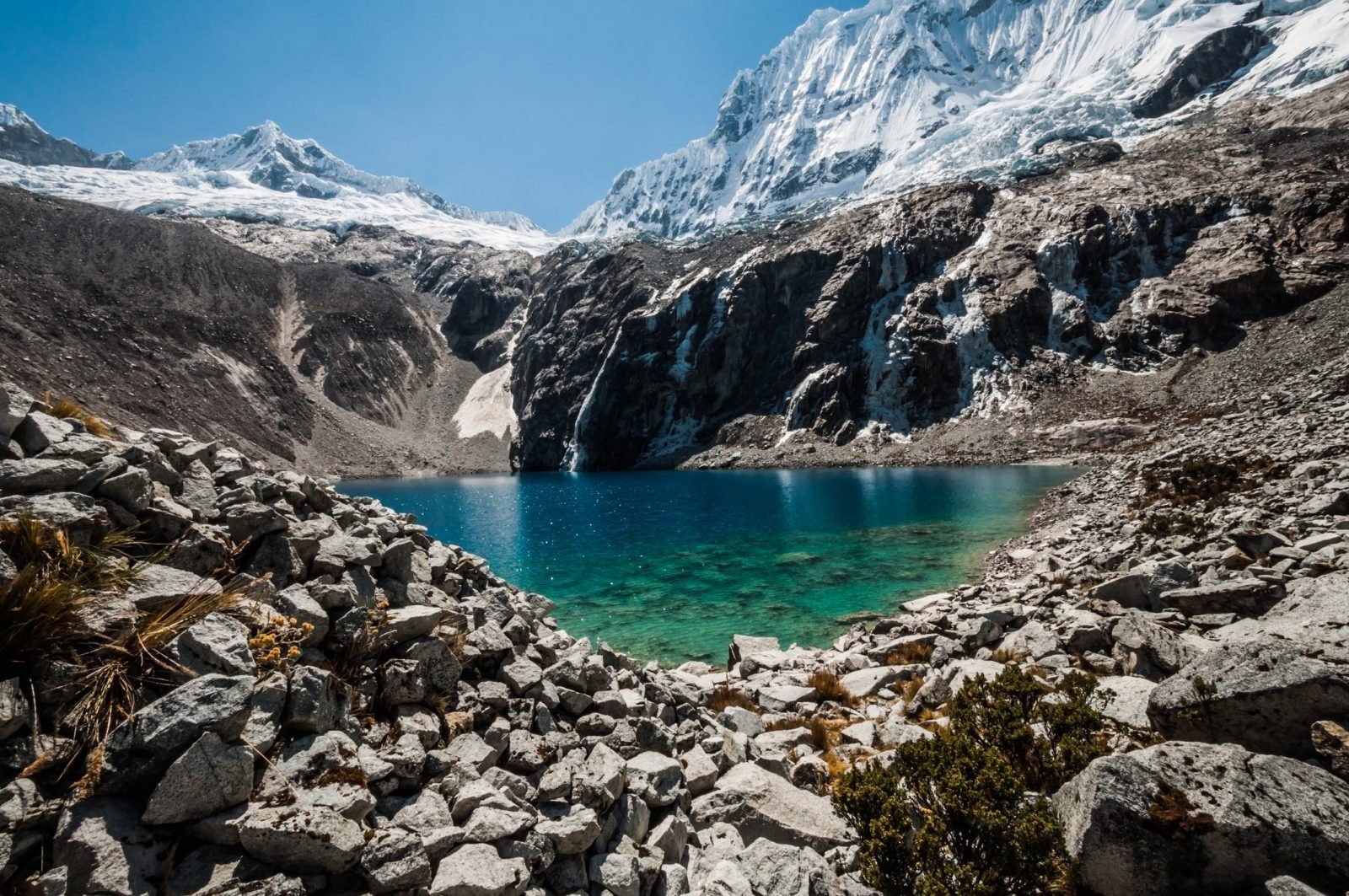 The clear Laguna 69 lake with Mount Pisco in the background, Peru.