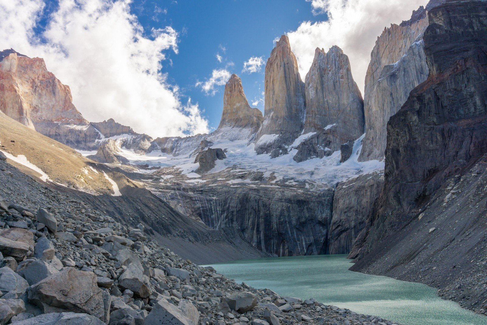 The famous spires of the Torres del Paine mountains, in Patagonia.