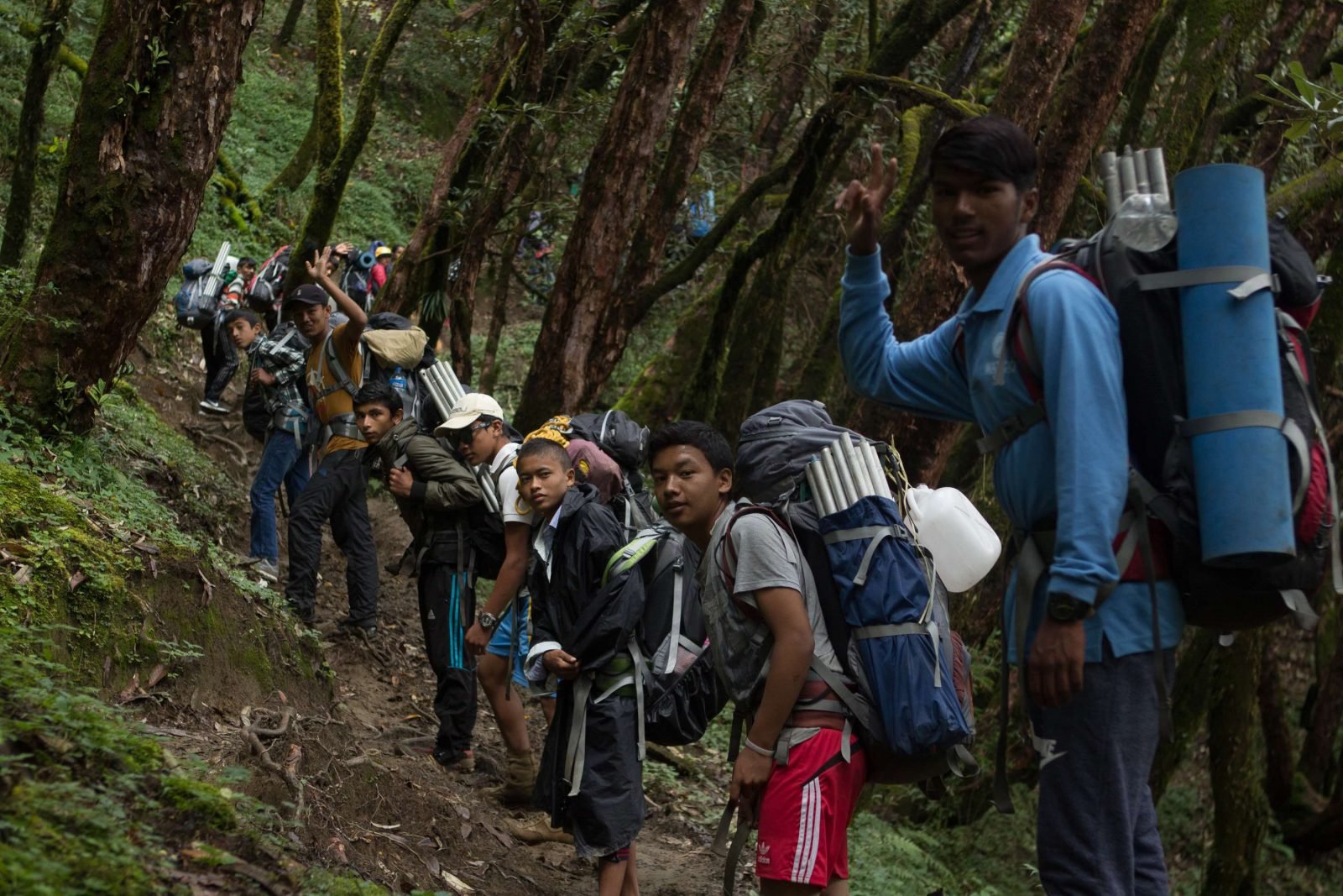 A youth group trekking through a forest to Mardi Base Camp, in Nepal.