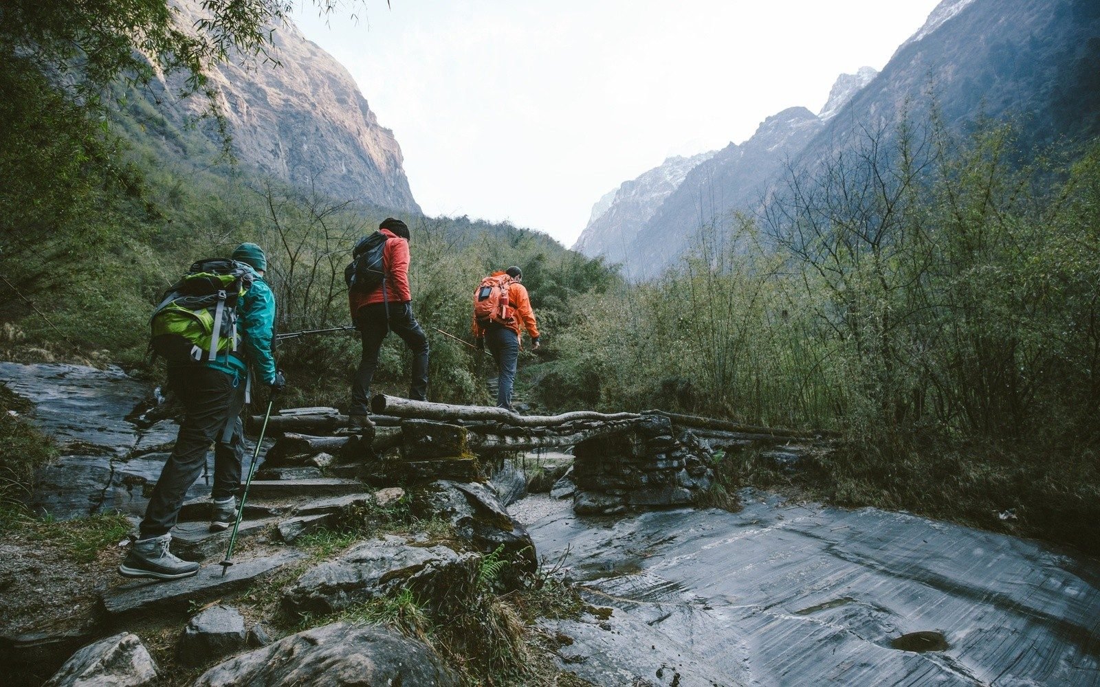 Trekking to the ice lake at the foot of the Annapurna IV Glacier in Nepal.