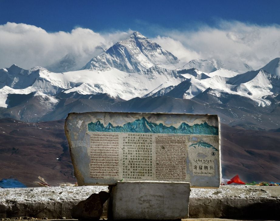 Arrival at first sight of Everest on a road trip through the Himalayas of Tibet