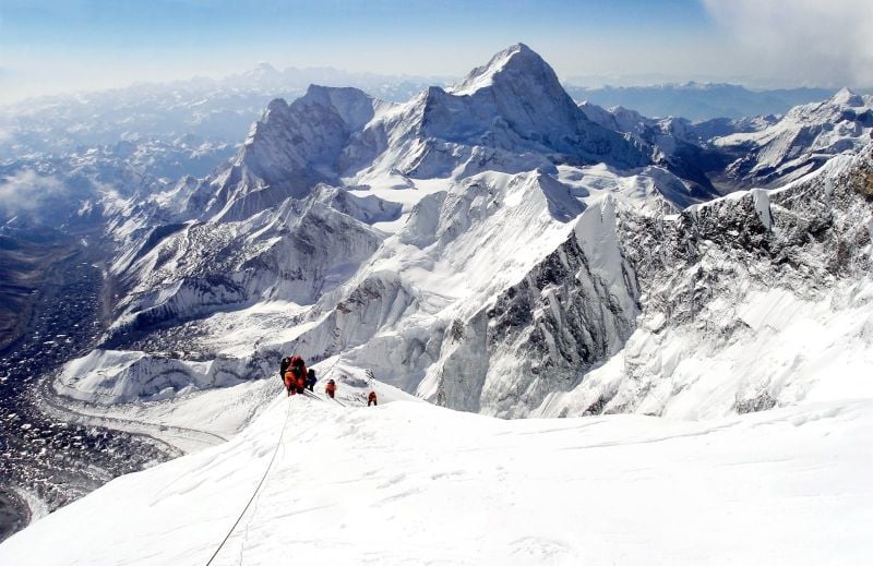 Mountaineers on Everest, the highest mountain in the world.