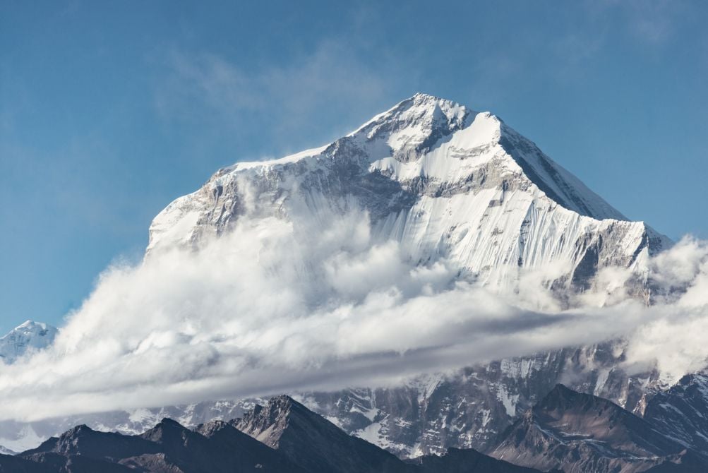 A close-up view of Dhaulagiri in the Nepal Himalayas, the seventh highest mountain in the world